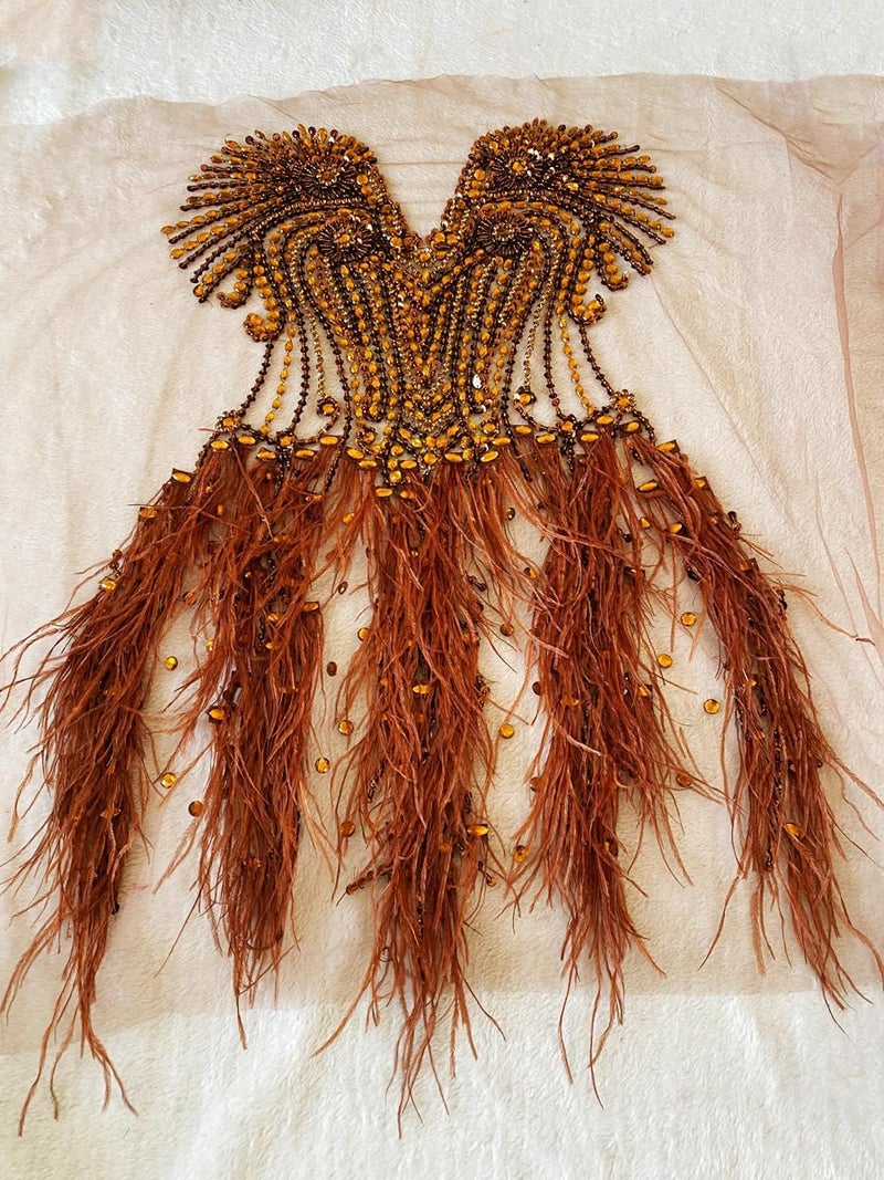 Zbroh Beautiful Ostrich fur decoration large full bodice applique pure handsewing rhinestones beads lace trim patches - Image 3